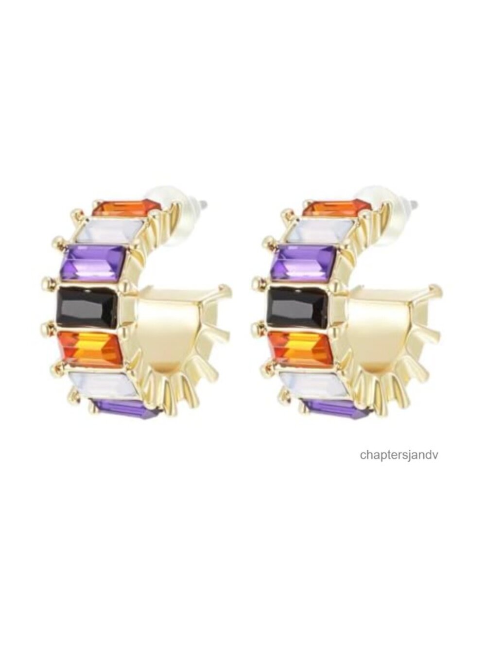Cubic Zirconia C Hoop Earrings Gold-Tone Stainless Steel Push Back